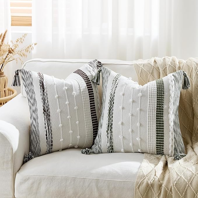 Boho Pillow Cover 18x18 Chocolate Brown - Handmade Woven Textured Throw Pillow Case with Cordings & Tassels, Decorative Accent for Couch Sofa Farmhouse Living Room Home Decor