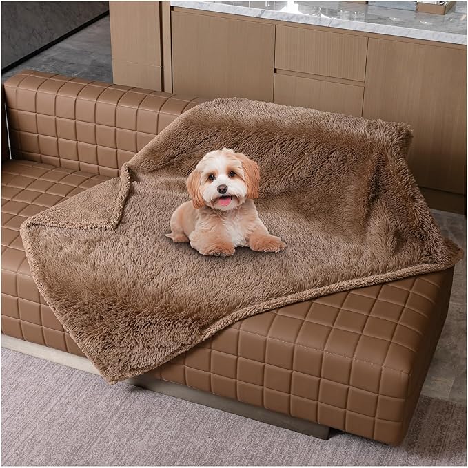 Waterproof Dog Couch Throw Blanket Brown Long Faux Fur Pet Blankets for Small Dogs Cats Fluffy Puppy Sofa Cover Love Bed Doggie Cover Washable Mat(Brown,XS-28x20in)