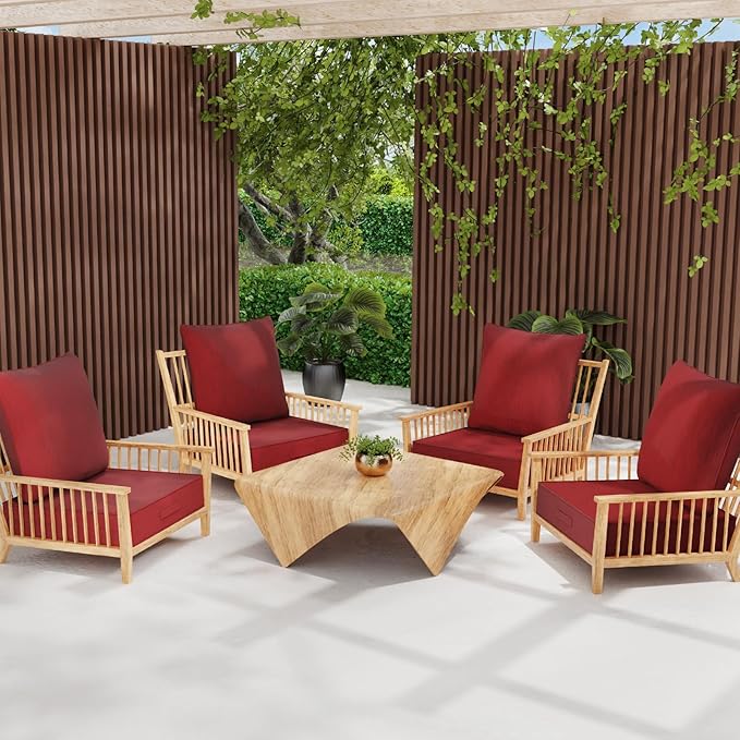 Outdoor 24''x 24''x 6'' Olefin Water-Resistant Deep Seat Cushion Set, Weather and Fade Resistant Patio Furniture Seat Cushion, Thickened Sofa Chair Pad with Straps for Lawn, Garden, Red
