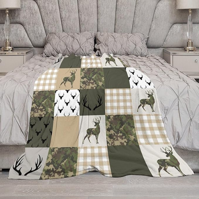 Camouflage Deer Blanket, Vintage Camo Green Beige Plaid Rustic Cabin Wildlife Hunting Blankets for Mens Room Bed Sofa, 60"x80"