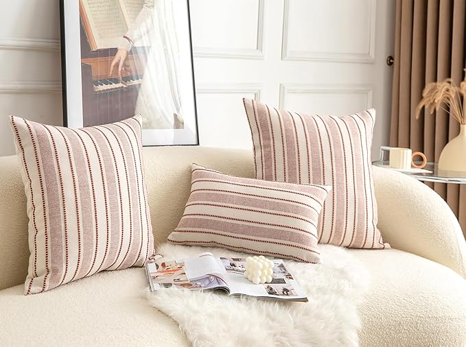 Decorative Boho Throw Pillow Covers, Farmhouse Textured Pillow Case, 20 x 20 Inch Set of 2, Chair Sofa Bedroom Living Room Home Decor Couch Cushion Case, Rust and Beige Striped