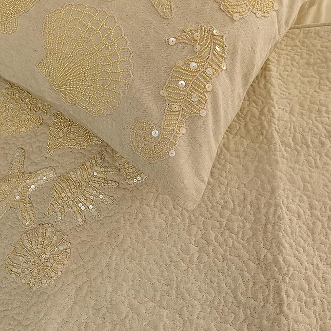 The HomeCentric King Queen Twin Beige Handmade King 90"x18" Bed Runner with 2 Pillow Cover, Pearl Embroidery Bed Scarf on Linen Fabric - Off to The Sea