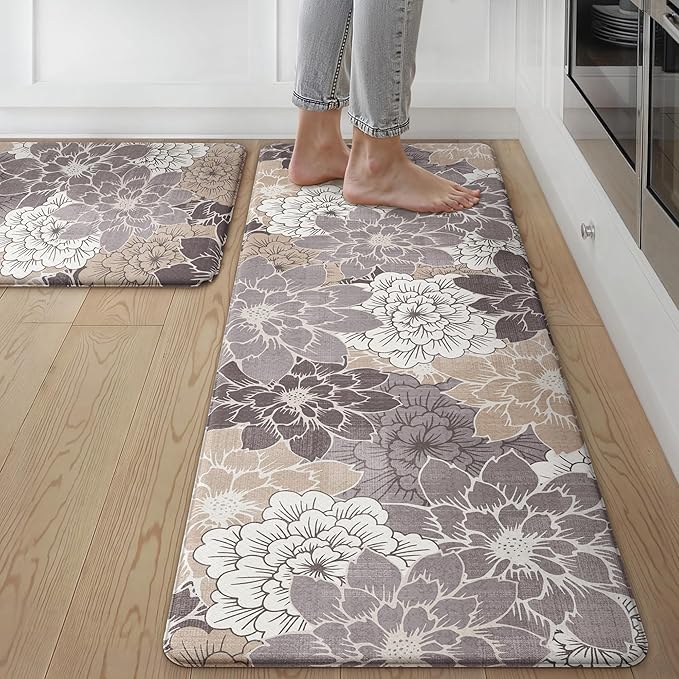 GENIMO Kitchen Mats for Floor, Kitchen Rugs Non Slip Washable Sets of 2, Waterproof Cushioned Anti Fatigue Mat, Floral Runner Rug for Laundry, Sink, Office, Home, 17.3"x47"+17.3"x30", Coffee Brown