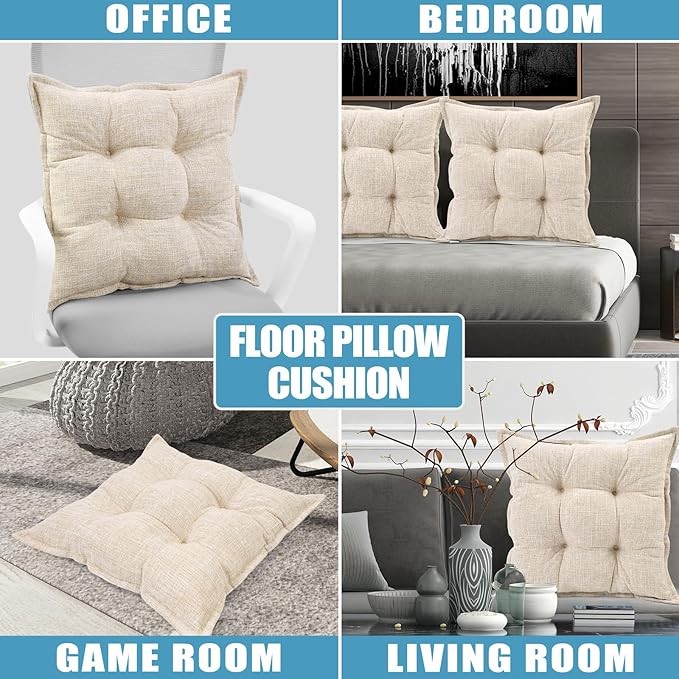SINSOSSO Large Floor Pillow 22", Thickened Bite-Size Memory Foam Square Non-Slip Cushion for Office Back Support/Indoor Yoga/Chair Seat, Fashionable Color-Blocked Fabric & Washable, Beige, 1 PCS