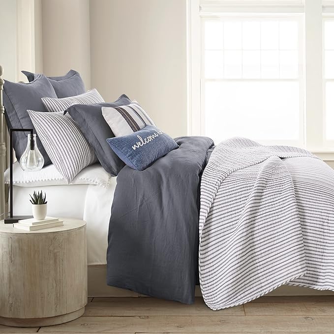 Levtex Home Tobago Stripe Charcoal Reversible Twin XL/Twin Quilt Set (68x86in) with 1 Pillow Sham (26x20in) - Striped - Charcoal - Cotton Twin Size Quilt Bedding Set - Lightweight Soft Pre-Washed