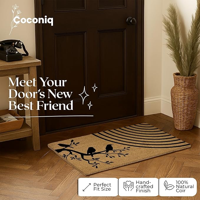 Coir Door Mats 17" X 30", Non-Slip Sturdy, PVC Backed Heavy Duty, Easy to Clean, Ideal for Door Entrance, Patio, Porch, Backyard, Garages, A Happy Family of Birds
