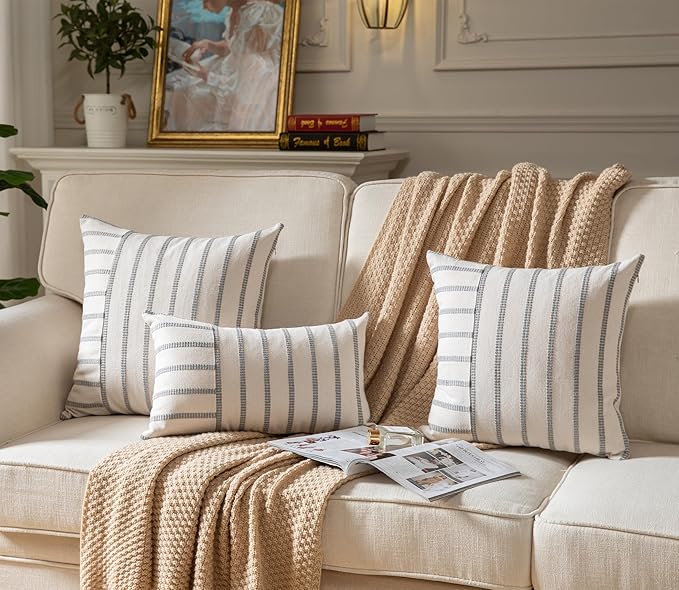 Caflife Boho Throw Pillow Covers 18x18 Set of 2 Soft Farmhouse Decorative Couch Pillow Cases Grey Striped Pillow Covers Neutral Cushion Covers for Sofa Bed Living Room Home Decor