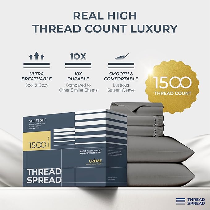 THREAD SPREAD 100% Egyptian Cotton Split King Sheets Sets for Adjustable Bed - Luxury 1500 Thread Count Split Top King Sheets (5 PC, Dark Grey), Soft, Cooling, Sateen Weave 17" Deep Pocket Sheet Set