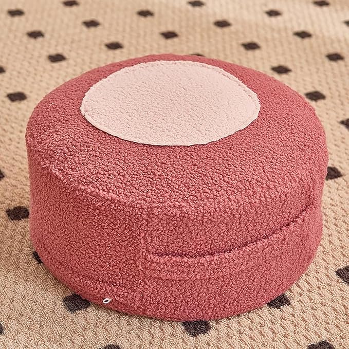 Round Pouf Ottoman Foot Rest, Stuffed Floor Pouf Foot Stool with Foam Chunk, Fluffy Storage Ottomans for Living Room Home Decor, Red