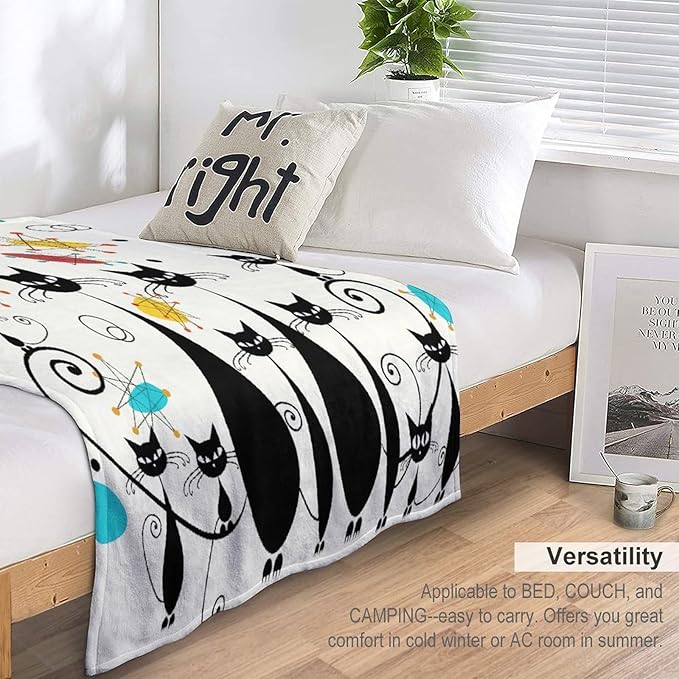 Mid Century Modern Throw Blanket, Atomic Black Cat Starbursts Iconic Sputnik Retro Abstract Geometric 1950s 1960s Throw for Adults Kids Pet, Beige Black 40"x50"