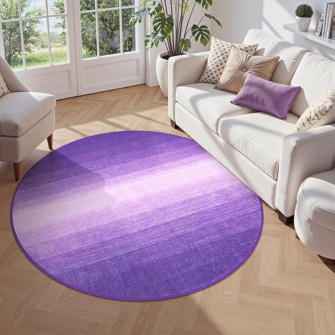 Wonnitar Modern Ombre Round Rugs 4ft, Washable Purple Bedroom Round Area Rug, Non-Slip Soft Circle Bathroom Throw Carpet, Gradient Low Pile Floor Mat for Bedside Entry (Purple, Round 4ft)