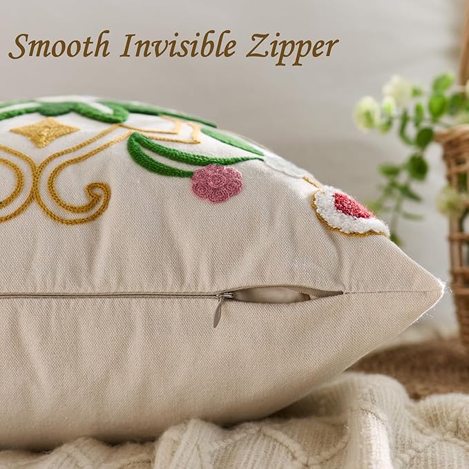 Embroidered Throw Pillow Cover 20x20 Classic Boho Floral Pattern Pillows Cover Outdoor Decorative Pillowcase,Durable Cozy Textured Cushion Case for Sofa Couch Bed Living Room,Green Yellow