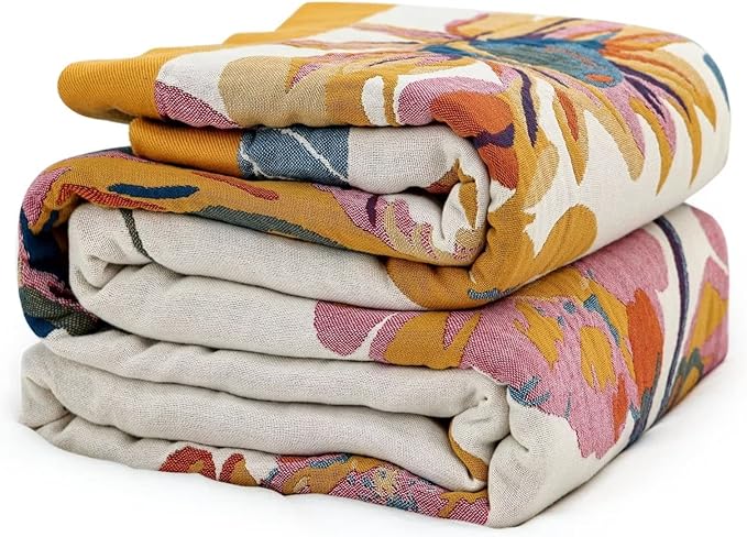 MSGKV Boho Throw Blanket for Couch 100% Cotton Throw Floral Bed Blanket 80''x90'',Cotton Quilts Travel Knitted Muslin Blanket Home Decor Cozy Blankets for Women