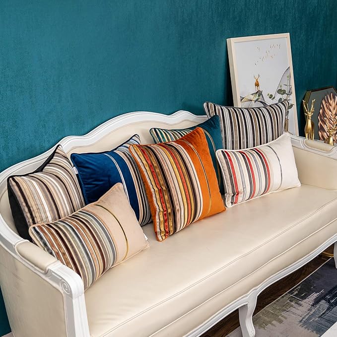Yangest Orange Striped Throw Pillow Cover Multicolor Velvet Cushion Cover Modern Bohemian Pillowcase for Sofa Couch Bedroom Living Room Home Christmas Decoration,18x18 Inch