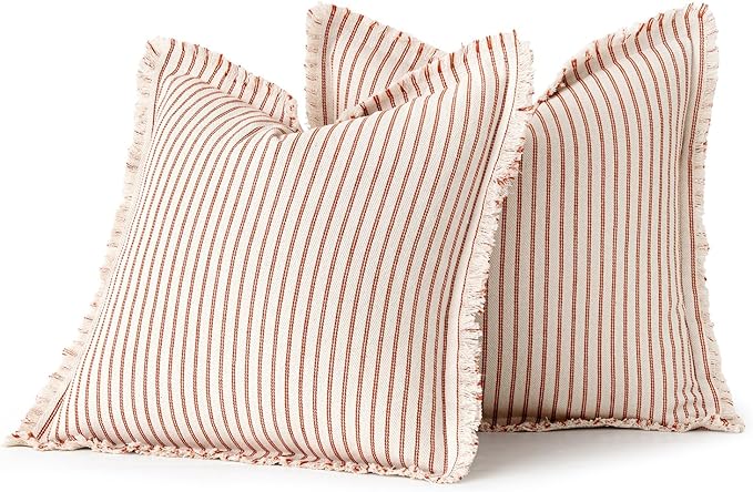 MIULEE Pack of 2 Rust Pillow Covers 18x18 Inch Striped Farmhouse Couch Throw Pillow Covers with Fringe Chic Linen Decorative Cushion Covers for Sofa Living Room Bed Outdoor Home Decor