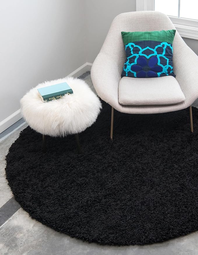 Unique Loom Solid Shag Collection Area Rug (3' 3" Round, Jet Black)