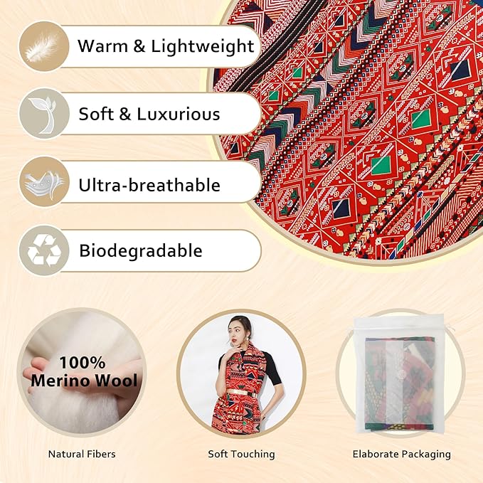 DANA XU 100% Merino Wool Pashmina Shawl for Women 96"x43", Oversized Cashmere Wrap with Tassels, Floral Travel Blanket Cape