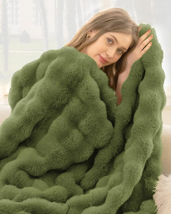 Ultra Soft Cozy Faux Fur Throw Blanket, Fuzzy Plush Thick Bubble Blanket, Oversize Luxury Fluffy Blanket for Couch, Sofa, Bedroom, and Living Room,50x60 Inches,Sage