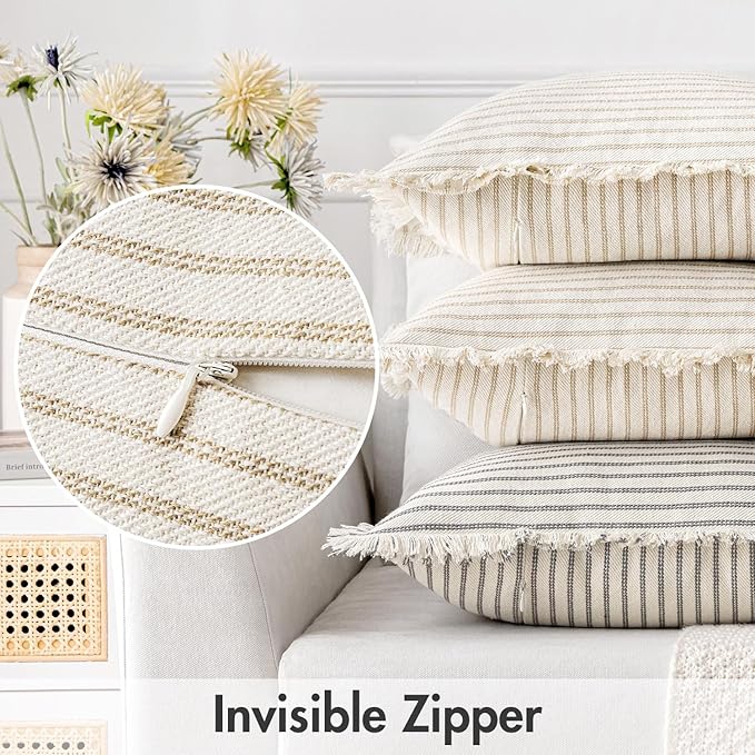 MIULEE Pack of 2 Khaki Pillow Covers 22x22 Inch Striped Farmhouse Couch Throw Pillow Covers with Fringe Chic Linen Decorative Cushion Covers for Sofa Living Room Bed Outdoor Home Decor