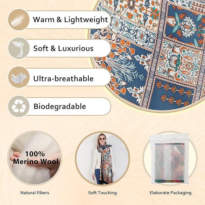 DANA XU 100% Merino Wool Pashmina Shawl for Women 96"x43", Oversized Cashmere Wrap with Tassels, Floral Travel Blanket Cape