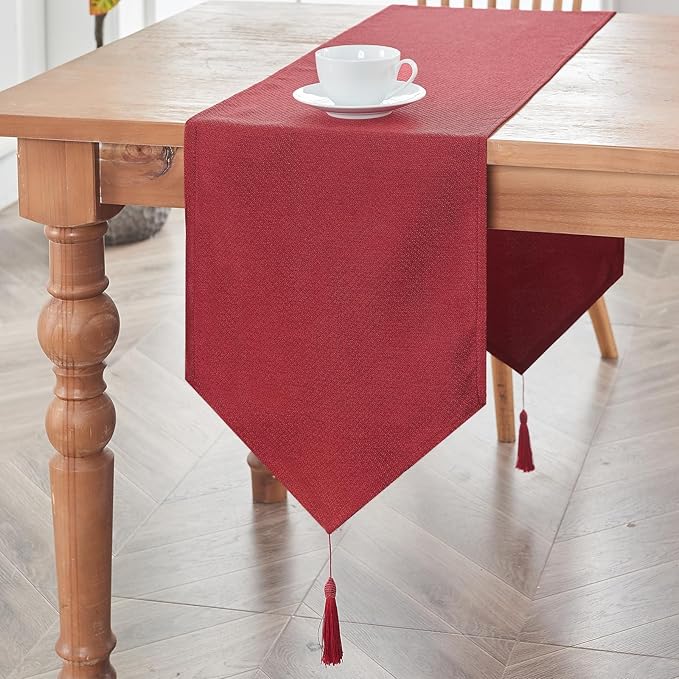 BALCONY & FALCON Table Runner with Tassels Rustic Farmhouse Jacquard Linen Style Water Resistant Washable Runner for Dining Kitchen Party Christmas Everyday Use 14 x 71 inch, Red