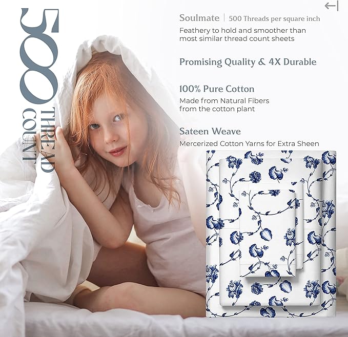 Mayfair Linen 100% Cotton Printed Bed Sheets King Size Set - 500 Thread Count Cotton Sheets for King Size Bed, 4 PC Set (Floral Blue), Soft, Cooling, Sateen Hotel Quality 16" Deep Pocket Bedsheet