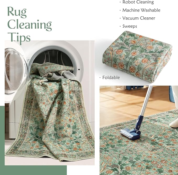 MUJOO Green Washable Rugs 8x10,Floral Area Rug for Living Room Dining Room Bedroom,Large Throw Carpet,Boho Non Slip Indoor Floor Big Soft Botanical Vintage Ultra-Thin