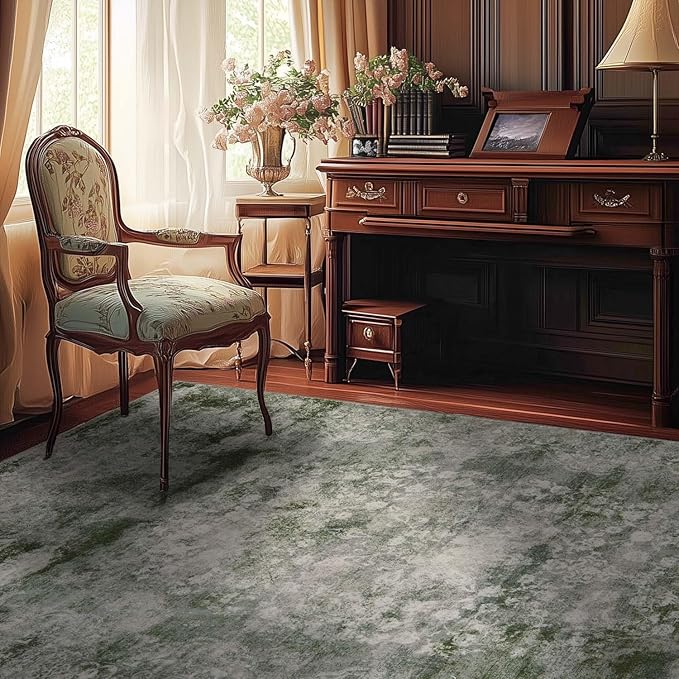 jinchan Washable Area Rug 8x10 for Living Room - Soft Faux Wool Ultra-Thin Stain Resistant Non-Slip Distressed Vintage Floral Large Christmas Carpet for Bedroom Home Office, Nursery(Green, 8'x10')