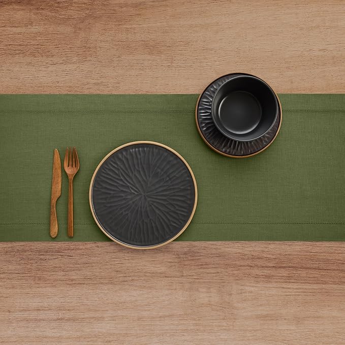 Solino Home Linen Olive Table Runner 108 Inches Long - 100% Pure Linen 14 x 108 Inch Table Runner for Christmas, New Year - Classic Hemstitch
