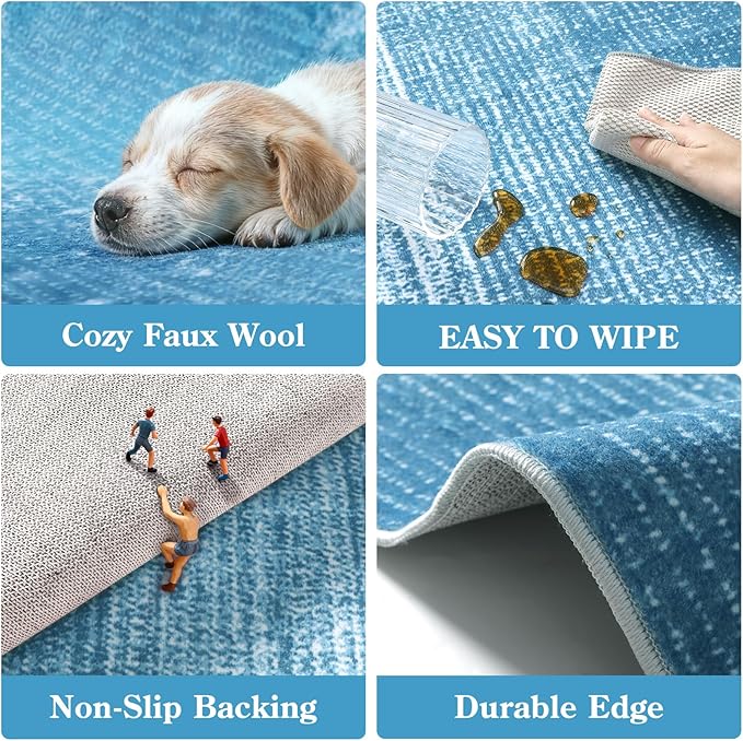 Wonnitar Modern Ombre Washable Area Rug, Blue 9x12 Large Living Room Rug, Non-Slip Soft Dining Room Rug for Under Table, Ultra-Thin Gradient Accent Carpet for Bedroom Mud Room (Blue, 9'x12')