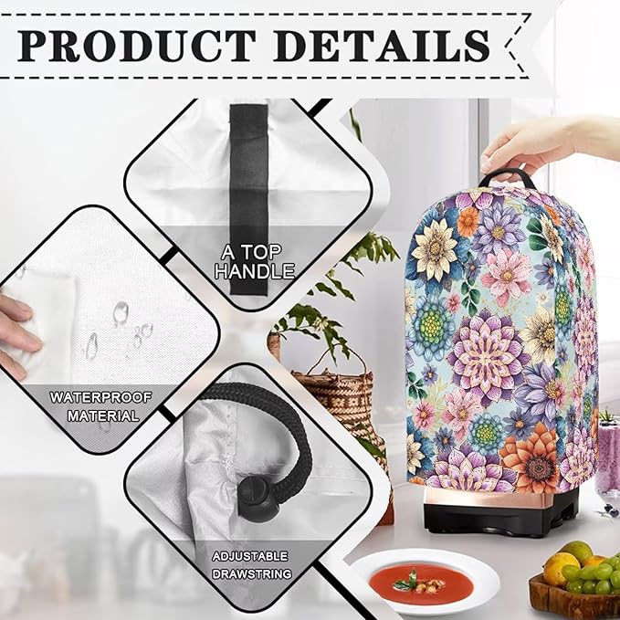Boho Mandala Flower Blender Dust Cover with Drawstring Field Stand Mixer or Coffee Maker Cover Anti Fingerprint Polyester Appliance for Home Kitchen Decor