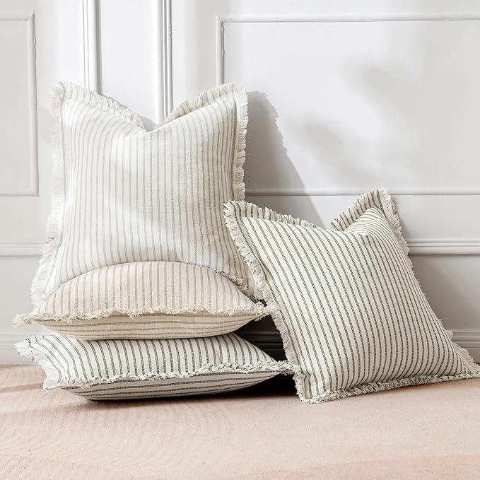 MIULEE Pack of 2 Olive Green Christmas Pillow Covers 26x26 Inch Striped Farmhouse Couch Throw Pillow Covers with Fringe Chic Linen Decorative Cushion Eruo Sham for Sofa Room Bed Outdoor Home Decor