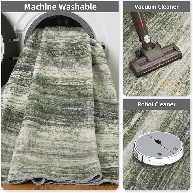 PADOOR Modern Abstract Runner Rug - 2.6x8 Washable Hallway Rugs, Ultra Soft Non-Slip Low Pile Floor Rugs for Hallway Entryway Kitchen Bedroom Bedside Laundry Room Green