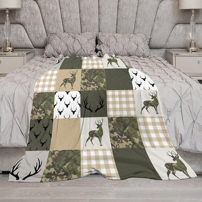 Camouflage Deer Blanket, Vintage Camo Green Beige Plaid Rustic Cabin Wildlife Hunting Blankets for Mens Room Bed Sofa, 30"x40"