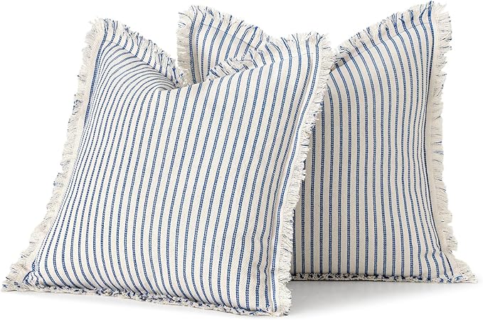 MIULEE Pack of 2 Royal Blue Pillow Covers 22x22 Inch Striped Farmhouse Couch Throw Pillow Covers with Fringe Chic Linen Decorative Cushion Covers for Sofa Living Room Bed Outdoor Home Decor