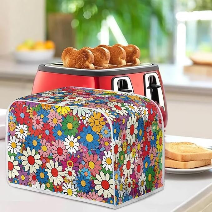 Daisy Flowers Printed Toaster Cover 4 Slice Wide Slot, Washable Kitchen Appliance Small Oven Bakeware Protector, Bread Maker Cover Dust and Fingerprint Protection