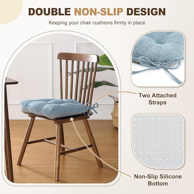 downluxe Indoor Chair Cushions for Dining Chairs, Tufted Overstuffed Textured Foam Kitchen Chair Pads with Ties and Non-Slip Backing, 15.5" x 15.5" x 4", Light Blue, 6 Pack