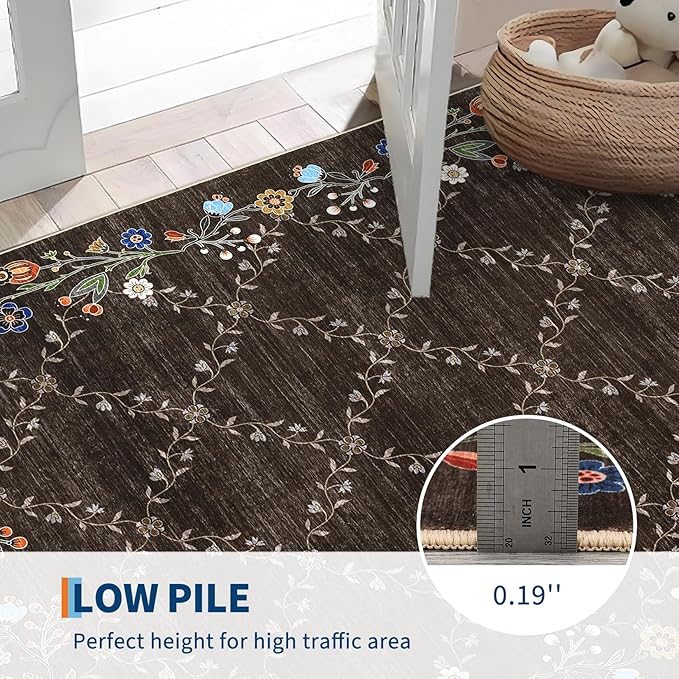 Garveehome 4x6 Washable Floral Area Rugs for Living Room: Modern Floral Non Slip Large Area Rugs for Bedroom, Large Machine Washable Living Room Low Pile Carpet with Non-Slip Backing Brown 4 ft x6 ft.