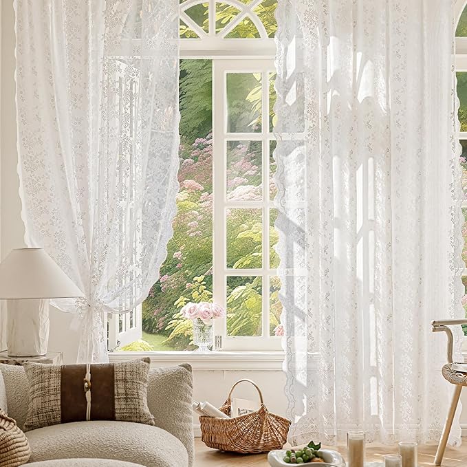 Anmao Vintage White Lace Curtains 54 Inches Long 2 Panels Set, Romantic Elegant Light Filtering Semi Sheer Floral Thick Lacy Curtain Drapes for Living Room and Bedroom, Each Panel 55W x 54L, Off White
