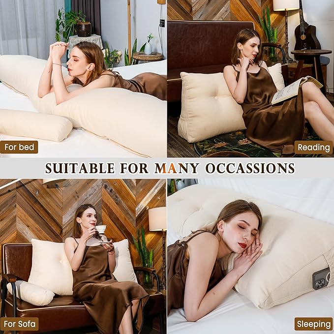 Headboard Pillow King Size, Triangular Wedge Backrest with Removable Head Roll & Side Pocket, 100% Linen Reading Pillow for Bed, Couch, Floor - Ergonomic Support for Neck, Back, White Beige