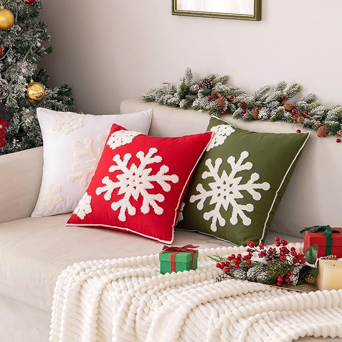 MIULEE Pack of 2 Christmas Decorative Snowflake Throw Pillow Covers Canvas Embroidery Winter Cushion Cases Holiday Decor Soft Pillowcases for Winter Couch Sofa Bedroom Car（Army Green, 20x20in）