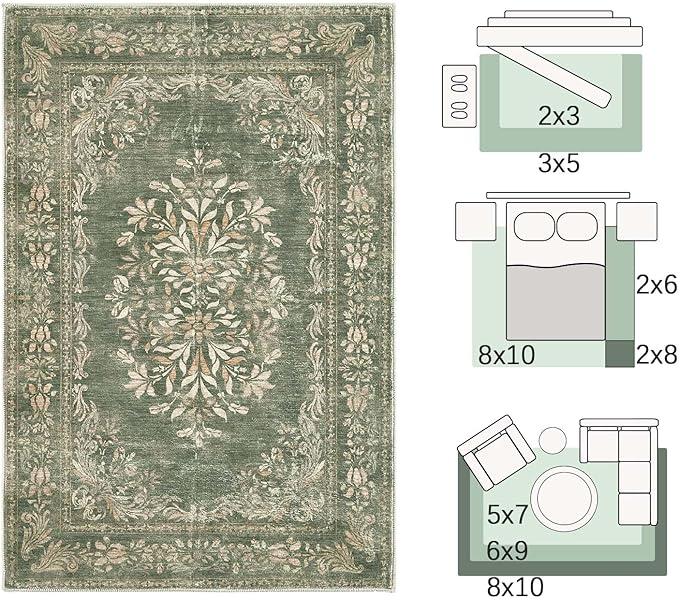 jinchan Green Floral 5x7 Area Rugs for Living Room - Machine Washable Distressed Vintage Design Soft Low-Pile Non-Slip Christmas Carpet for Dining Room Bedroom Home Office Nursery (5x7ft, Dark Green)
