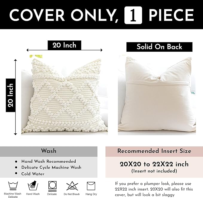 BlissBlush Pure White Decorative Throw Pillow Cover 20X20, Boho Accent Pillow for Couch, Square Modern Farmhouse Pillowcase for Living Room Couch Sofa Cushion Home Décor (Pack of 1)