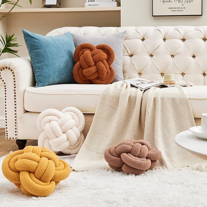 Xiashrk Knot Pillow Ball, 12" Soft Decorative Throw Pillows for Couch Bed, Dark Yellow Knotted Plush Throw Pillow Handmade Square Cushion Home Couch Decor Pillows for Living Room