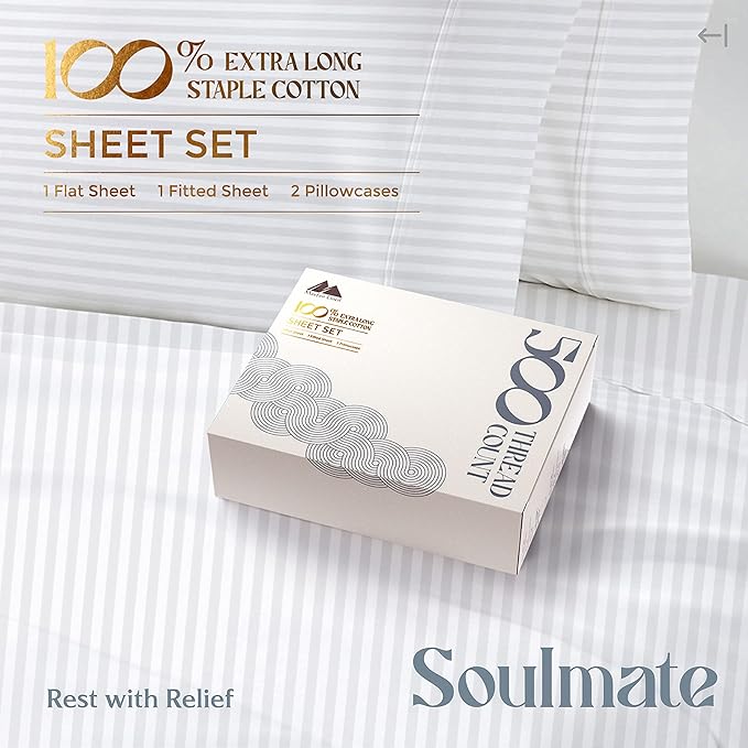 Mayfair Linen 100% Cotton Striped Sheets Split King Size Bed Set - 500 Thread Count Damask Split King Sheets for Adjustable Bed, 5 PC Set (White Stripe), Cooling, Sateen 16" Deep Pocket Bedsheet