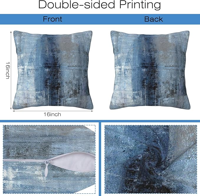 Throw Pillow Cover Case Blue and Grey Abstract Art Pillow Covers 16x16 Inch Set of 2,Soft Decorative Throw Pillow Case for Living Room Bedroom Sofa Couch Cushion Covers