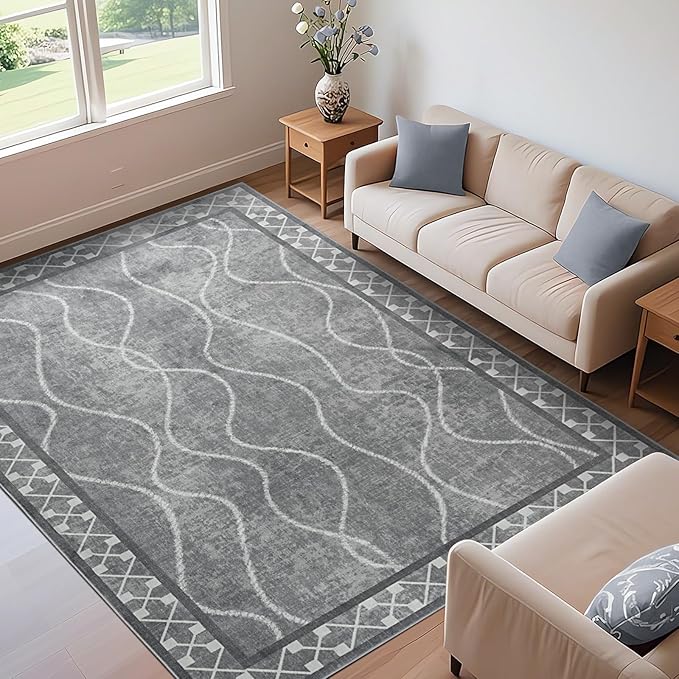 4x6 Area Rugs for Living Room Bedroom, Machine Washable Low Pile Rugs, Non Slip Modern Bordered Print Indoor Carpet for Entryway Office Dining Room Dorm Home Decor,Light Grey