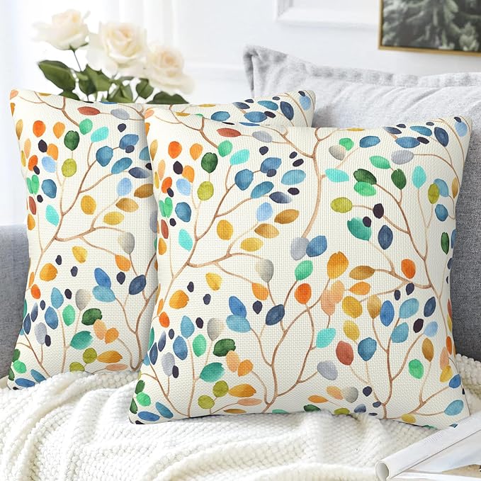 Throw Pillow Covers Colorful Leaves Spots Pillow Covers 20x20 Inch Set of 2 Boho Floral Throw Pillows Decorative Pillow Cases Cushion Covers for Bedroom Livingroom Sofa Farm House