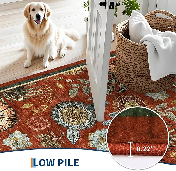 GarveeHome 4x6 Floral Washable Area Rug: Large Living Room Area Rug with Non-Slip Backing Washable Ultra Soft Bedroom Floral Carpet Indoor Stain Resistant Carpet for Dining Room 4 * 6 ft Brick Red