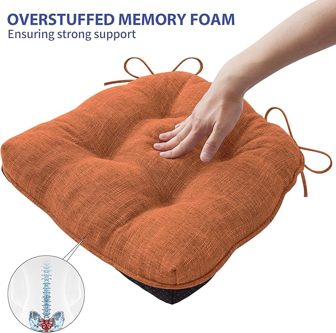 Chair Cushions for Dining Chairs Set of 4, Kitchen Chair Cushions, Chair Pads with Ties and Non Slip Backing, Tufted Memory Foam Seat Cushion 4 Pack, 15.5" x 15.5" x 4", Rust